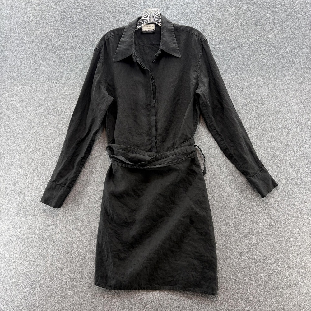 Vestimenta Dress Medium Black Linen Collared Wrap Shirt Dress Classic Italy